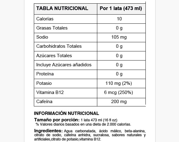 TABLA NUTRICIONAL c4 C4 PERFORMANCE ( Sixpack x 6 unds)